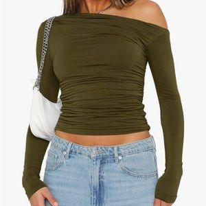 Army Green Olive Long Sleeve Boat Neck Off Shoulder Going Out Top
